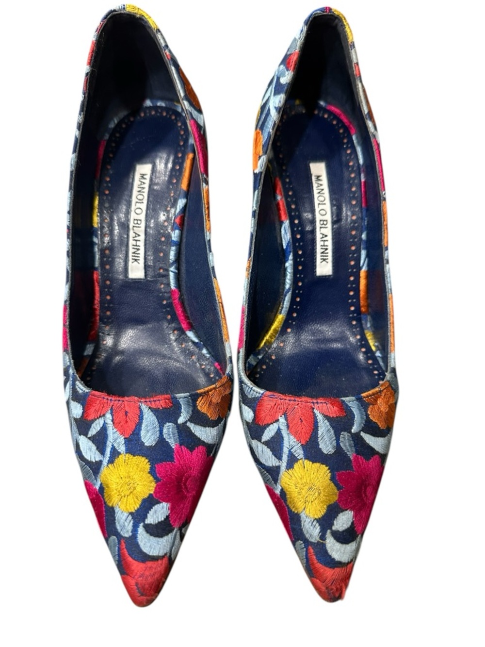 Manolo Blahnik BB 90 Blue Floral Embroidered Pointed Toe Pumps Stiletto Heels 38 - Picture 6 of 13